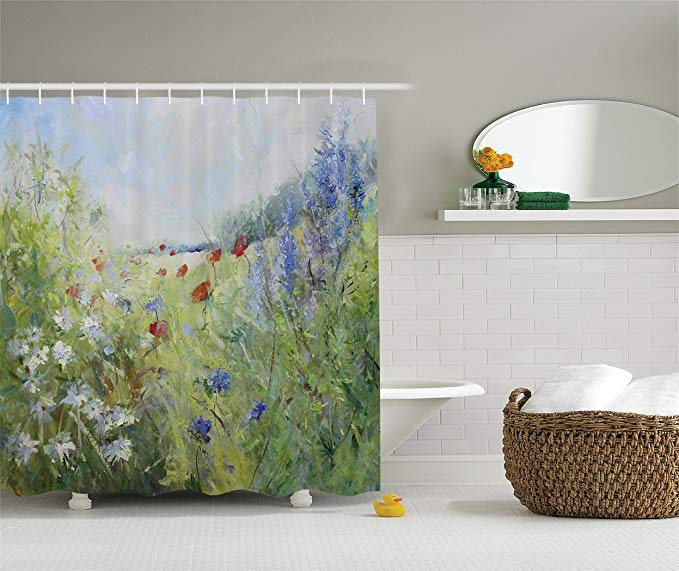 Ambesonne Flower Shower Curtain, Summer Terrace Gate with Colorful Flowers in a Garden House in Greece Image, Cloth Fabric Bathroom Decor Set with Hooks, 84" Extra Long, White Green