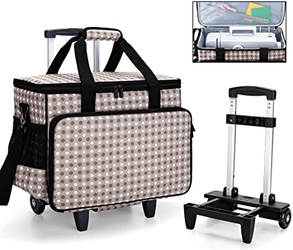 Yarwo Detachable Rolling Sewing Machine Carrying Case, Trolley Tote Bag with Removable Bottom Wooden Board for Most Standard Sewing Machine and Accessories, Gray Spot