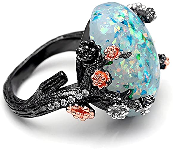 Ginger Lyne Collection Henrietta Tree Branch Flower Simulated Fire Opal Ring for Kids Women Elven Promise Rings for Teen Girls Engagement Ring New Arco Stone Simulated Black Fire Opal