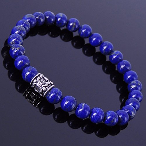 Men and Women Bracelet Handmade with 6mm Lapis Lazuli Healing Gemstone and Genuine 925 Sterling Silver Fleur de Lis Bead