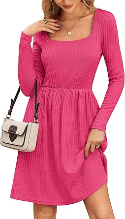 Zeagoo Womens Casual Sweater Dress Square Neck Knit Long Sleeve Dress with Pockets A-Line Knee Length Fall Winter Dress