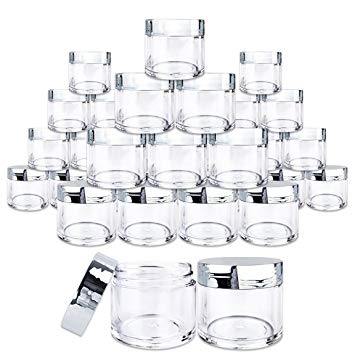 Beauticom 30 Pieces 30G/30ML(1 Oz) Round Clear Jars with Metallic SILVER Flat Top Lids for Herbs, Spices, Loose Leaf Teas, Coffee & Other Foods- BPA Free