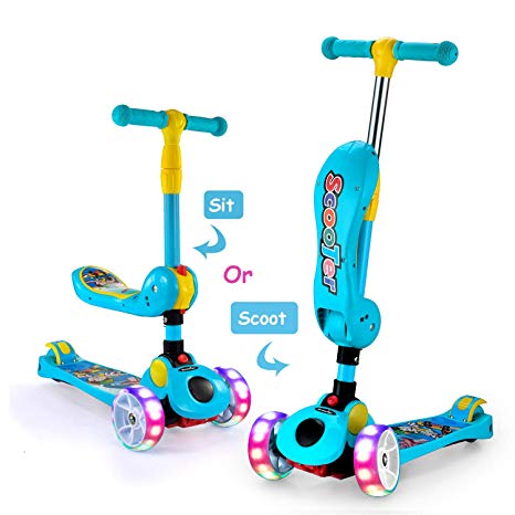 AOODIL 2-in-1 Kick Scooters for Kids Toddler 3 Wheel Scooter for Boys&Girls – Kids Scooter with LED Light Up Wheels – Adjustable Height Wide Deck for Children from 2 to 14 Year-Old