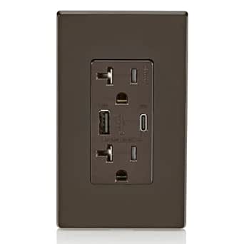 Leviton T5834-B 60W (20V@2.5A  5V@2A) USB Dual Type A/Type-C Power Delivery in-Wall Charger with 20A Tamper-Resistant Outlet, USB Charger for Smartphones, Tablets, Laptops, Brown