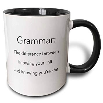 3dRose 107347_4 Grammar The Difference Knowing Youre Shit Two Tone Mug, 11 oz, Black/White