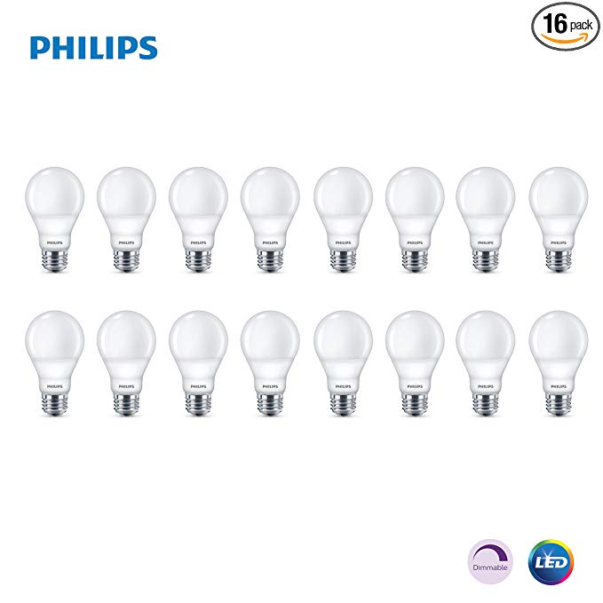 Phillips LED Dimmable A19 Light Bulb with Warm Glow Effect 450-Lumen, 2200-2700 Kelvin, 5.5-Watt (40-Watt Equivalent), E26 Base, Frosted, Soft White, 16-Pack