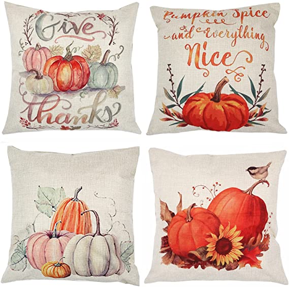 ZUEXT Fall Harvest Pumpkin Throw Pillow Covers 20x20 Inch, Set of 4 Cotton Linen Autumn Thanksgiving Pillowcases, Square Halloween Pillow Covers for Car Sofa Bed Couch, Farmhouse Thanksgiving Gifts