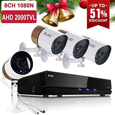 ELEC 8CH 1080N Security System AHD DVR 2000TVL 720P HD 4（Four） In/Outdoor Home Security Cameras No Hard Drive