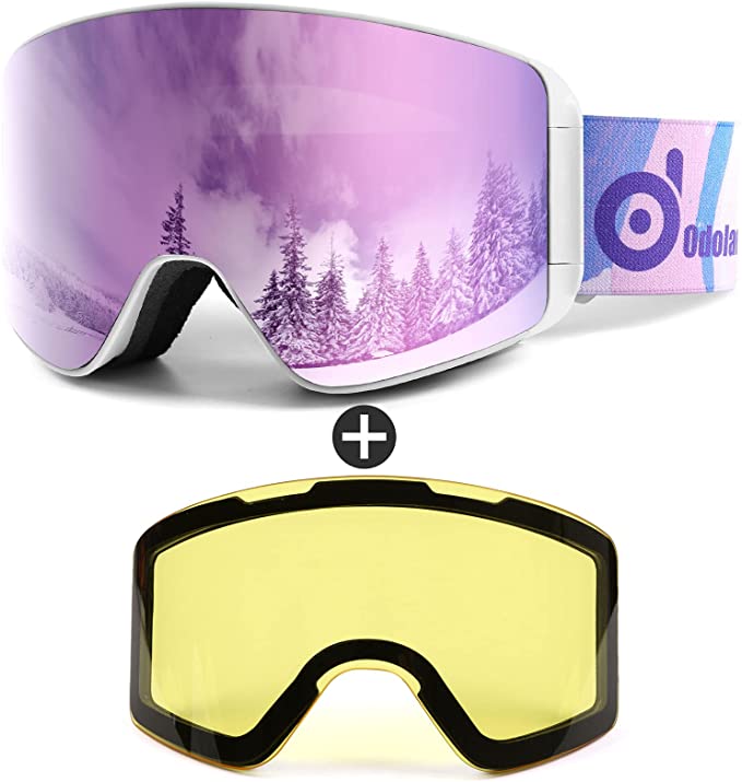 Odoland Ski Goggles with Detachable Lens, Frameless Interchangeable Lens Anti-Fog 100% UV Protection Snowboard Snow Goggles