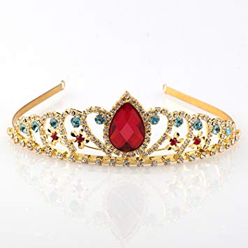 Vinjewelry Princess Gold Tiara Crown with Red Teardrop Crystal for Kids Costume