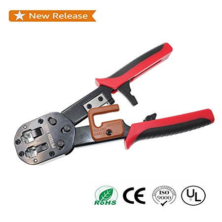 EZ RJ45 Crimp Tool for for RJ11 RJ12 and RJ45 connector HD Crimping Tool with wire cutter, cable stripper and cable stripping blades Upgraded Version - PETECHTOOL