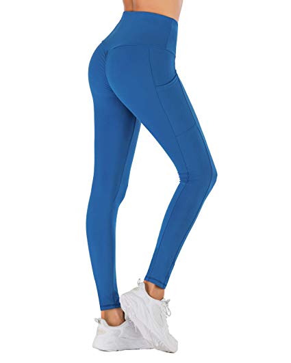 NORMOV High Waisted Two Pockets Yoga Pants Tummy Control Ruched Butt Workout Leggings for Women