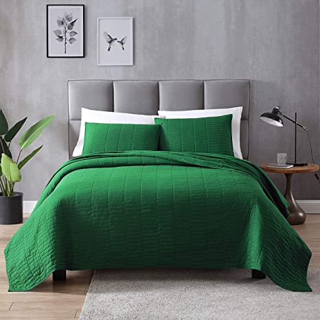 EXQ Home Quilt Set Full/Queen Size Green 3 Piece,Lightweight Microfiber Coverlet Modern Style Stitched Quilt Pattern Bedspread Set