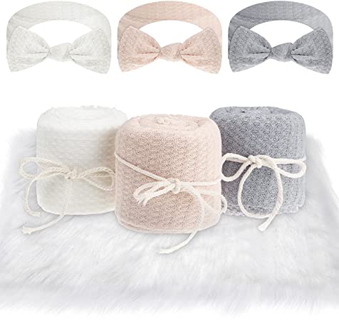 Newborn Photography Baby Wrap Props, Baby Knit Wraps Soft Newborn Blankets and Baby Headband Unisex Newborn Receiving Blankets Baby Swaddle Wrap for Baby Boys and Girls Photoshoot (Cute Color)