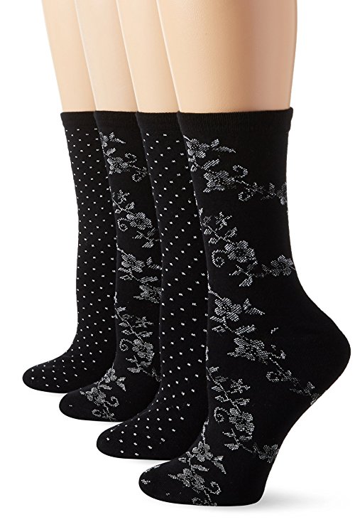 PEDS Women's Black with Silver Spiraling Floral and Dot Crew Socks 4 Pairs