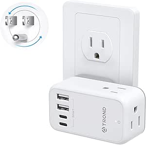 TROND Multi Plug Wall Outlet with Rotating Plug, 3 AC Outlet Extender with 2 USB-C & 2 USB-A Ports, Wall Outlet Splitter for Home Office Dorm Room Cruise Ship Essentials