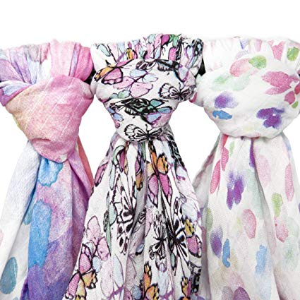 Muslin Swaddle Blanket Set 'Flutter' Large 47x47 inch | Super Soft Bamboo Blankets | Flowers, Butterflies, and Florals | 3 Pack Baby Shower Gift Bundle of Swaddles for Girls | 10,000 Wash Warranty
