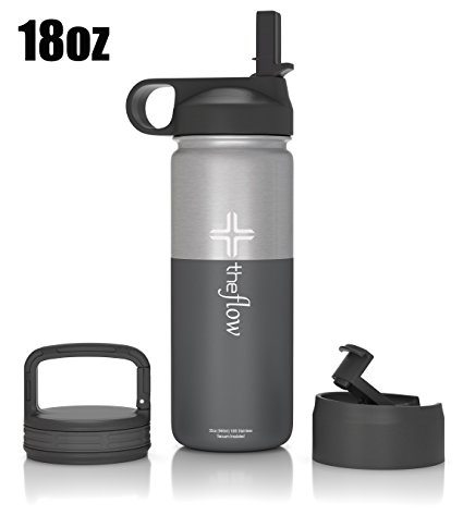 The Flow Stainless Steel Water Bottle Double Walled/Vacuum Insulated - BPA/Toxin Free – Wide Mouth with Straw Lid, Carabiner Lid and Flip Lid, 18 oz.(500ml)