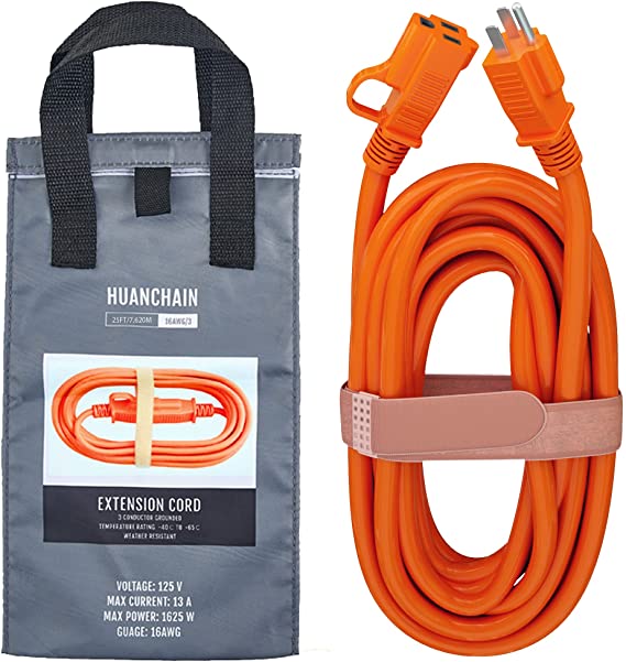 Indoor Outdoor Extension Cord 25 ft Waterproof, 16/3 Gauge Flexible Cold-Resistant Appliance Extension Cord Outside, 13A 1625W 16AWG, 3 Prong Grounded Heavy Duty Electric Cord Orange, ETL HUANCHAIN