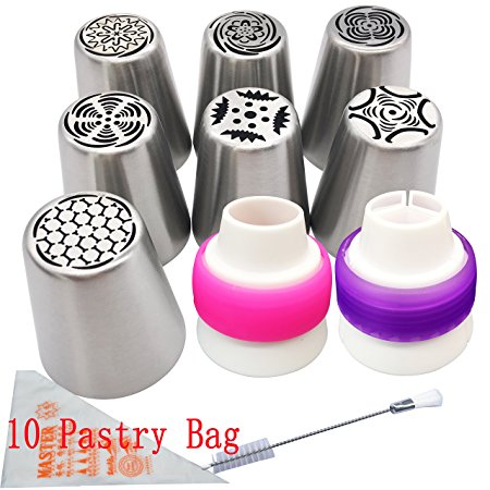 Russian Icing Piping Nozzles Frosting Flower piping nozzles decorations tools set and bag for cupcake 7 Pcs/set, Aixin Stainless Steel Large Size Russian Piping tips (7set-No.2)