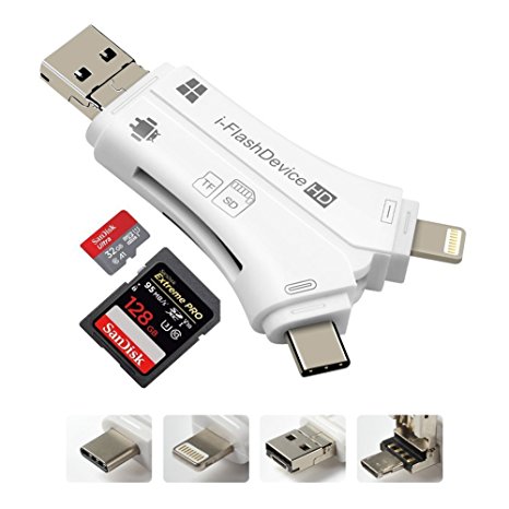 JF 4 in 1 SD/TF Memory Card Reader, USB Flash Drive Card Adapter Lightning USB 2.0 Card Reader Micro SD/TF Card Reader with Lightning/Micro USB/Type-C Connector and OTG Adapter Function for Apple iPhone,iPad, New MacBook Pro and Android Smartphone (White)