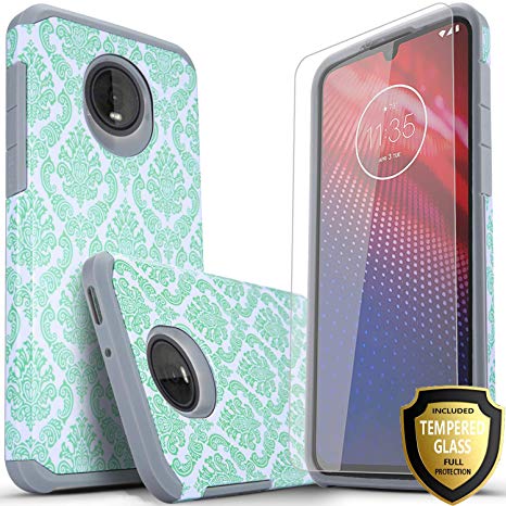 Moto Z4 Case, [NOT FIT Moto Z3] with [Tempered Glass Screen Protector Included], STARSHOP Drop Protection Dual Layers Impact Advanced Rugged Protective Phone Cover - Teal Lace