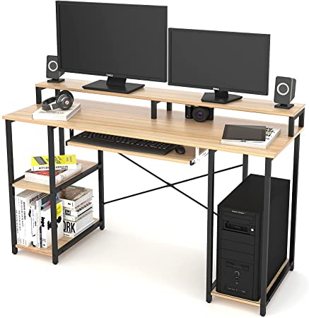 TOPSKY Computer Desk with Storage Shelves/24.5” Keyboard Tray/Monitor Stand Study Table for Home Office(54 x 19 inch, Natural)