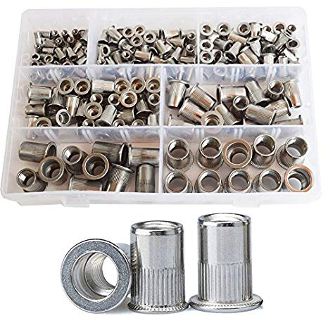 185Pcs Rivet Nut Flat Head Metric Threaded Rivnut Insert Standard Rivetnut Blind Nutsert Assortment Kit Set M3 M4 M5 M6 M8 M10 M12,304Stainless Steel