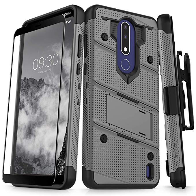 Zizo Bolt Series Compatible with Nokia 3.1 Plus Case Military Grade Drop Tested with Full Glass Screen Protector Holster and Kickstand MetalGray Black