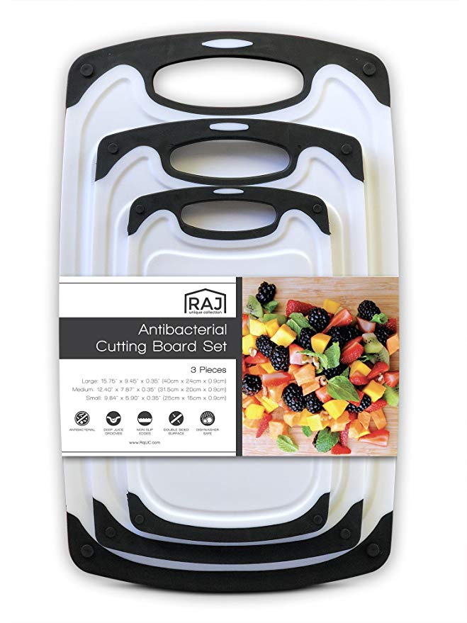 Raj Plastic Cutting Board Reversible Cutting board, Dishwasher Safe, Chopping Boards, Juice Groove, Large Handle, Non-Slip, BPA Free, FDA Approved (3 Piece Set, White/Black)