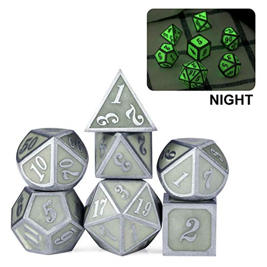 Glow in The Dark Metal Dice Set, Nicks 7 pcs Polyhedral Luminous Metallic D&D Dice for Role Playing Game, DND, Pathfinder, MTG and Table Games