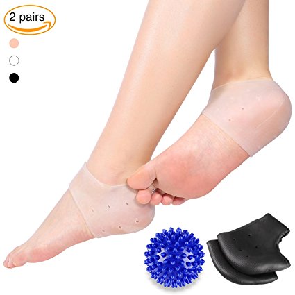 Plantar Fasciitis Gel Heel Protectors Heel Pads Kit-5 pieces, 2 pairs Gel Heel Sleeves and a Massage Ball for Foot Arch Support, Foot massager, Foot Pain and Metatarsal Reliever (White Black)
