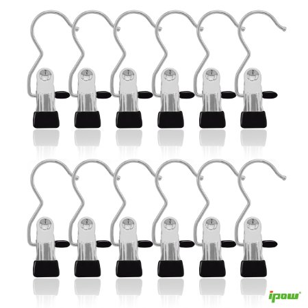 Ipow Set of 12 Portable Laundry Hook Hanging Clothes Pins Stainless steel Travel Home clothing Boot Hanger Hold Clips