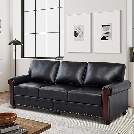 HULALA HOME 81'' Faux Leather Sofa with Nailhead Trim and Wood Decor Rolled Arms, Modern Living Room 3-Seater Couch, Black Upholstered Couch with Removable Backrest for Bedroom Apartment