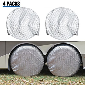 Tire Covers for RV Wheel ELUTO Set of 4 Motorhome Wheel Covers Waterproof Aluminum film Cotton Tire Protectors Tire Covers Fits 27'' to 29'' Tire Diameters