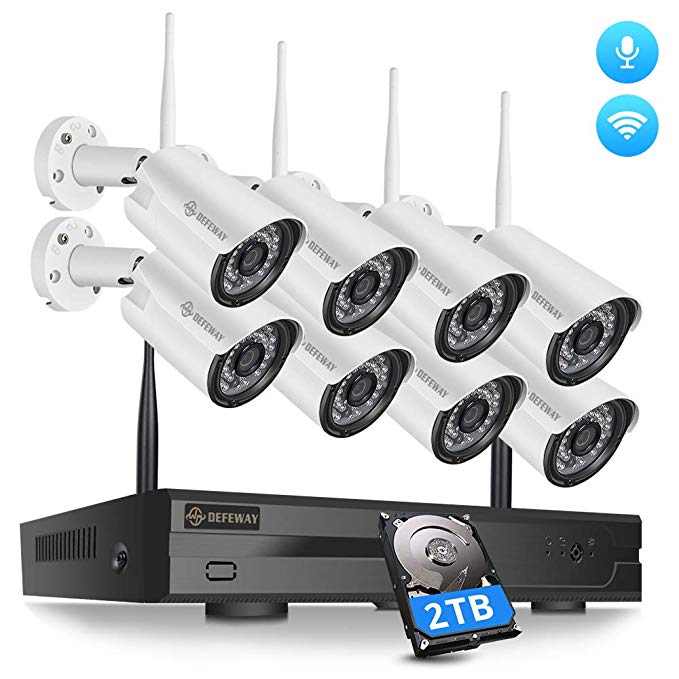Wireless Security Cameras System, DEFEWAY 8CH 1080P Surveillance H.265  NVR System (2TB Hard Drive) with 8pcs 1080P (2.0 Megapixel) Outdoor WiFi IP Cameras, Audio Recording, 100ft Night Vision