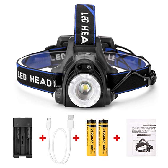 LED Headlamp IMAGE Super Bright Waterproof Zoomable 4 Modes Adjustable LED Headlight with Rechargeable Batteries Portable Flashlight for Camping Hiking Fishing Reading