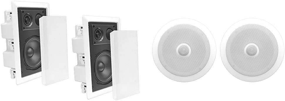 Ceiling Wall Mount Enclosed Speaker - 400 Watt Stereo in-Wall/in-Ceiling 8" Full Range Deep Bass Speaker System White & 6.5'' in-Wall/in-Ceiling Midbass Speakers (Pair)- 2-Way Woofer Speaker System