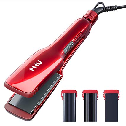 MHU Professional Flat Iron 3 in 1 Hair Crimper Hair Waver and Hair Straightener, Curling Iron with 3 Interchangeable Ceramic Plates Hair Styling Irons Adjustable Temp Auto Shut-off