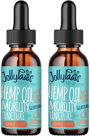 Jollypaws Hemp Oil for Dogs Cats with Glucosamine, 2-Pack of 1000 mg, Organic Mobility Tincture Hip and Joint Supplement, Calming Stress Relief Liquid Drops, 30 mL
