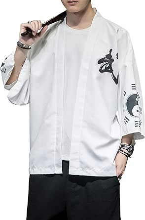 Men's Japanese Kimono Cardigan Jackets Casual Long Sleeve Open Front Coat Lightweight Yukata Outwear