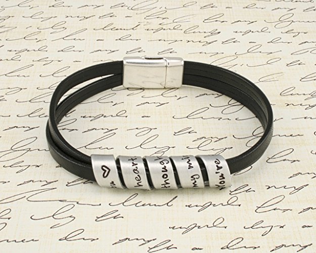 Secret Message spiral stamped bracelet - Your favorite quote or custom message - Black - Hand stamped aluminum/leather bracelet with magnetic clasp. Custom made for you.