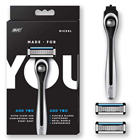 Made For YOU by BIC Shaving Razor Blades for Men & Women, with 2 Cartridge Refills - 5-Blade Razors for a Smooth Close Shave & Hair Removal, NICKEL