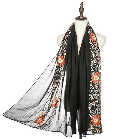 Women Lightweight Fashion Flower Scarf,RiscaWin Colorful Exquisite Daisy Embroidered Scarves Wrap Shawl Beach Cover