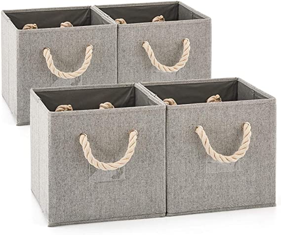 EZOWare [Set of 4] Foldable Fabric Storage Cube Bins with Cotton Rope Handle, Collapsible Water Resistant Basket Box Organizer for Shelves, Closet, 26.5x28x26.5cm (Gray/Gray)