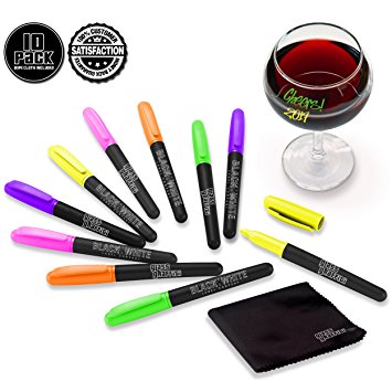 (10) Wine Glass Markers Pens Glass Graffiti Premium Neon Writer Marker Liquid Chalk Pen & Wipe Cloth - Alternative To Party Wine Charms For Use On Glasses Crystal Windows (Neon - 10 Pack)