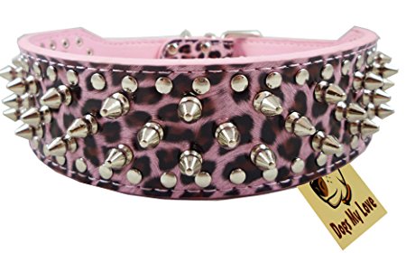 OrangeTag 14.5"-17.5" Leopard Leather Spiked Studded Dog Collar 2" Wide, 25 Spikes 44 Studs, Pit Bull, Boxer