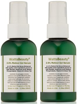 Watts Beauty 2.5% Retinol Gel Serum Enhanced with 50% Hyaluronic Acid, Vitamin E, Phospholipids & Green Tea - Formulated for Aging Skin, Uneven Skin Tones, Fine Lines, Wrinkles, Blemishes, Large Pores, Dull Skin, Sun Damaged Skin, Age Spots & More - Made in USA - No Parabens, No Alcohol, No Animal Testing or Ingredients - (2 Pack - Total 4.48oz)