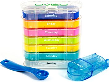 OVEO Pill Organizer Box - Case with Pill Cutter Splitter -7 Day Travel Containers - Weekly Medication Reminder AM/PM
