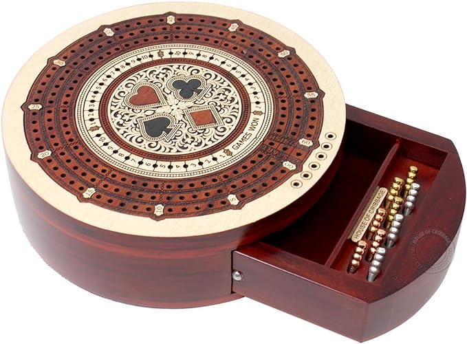 House of Cribbage - Round Shape 3 Track Non-Continuous Cribbage Board - Push Drawer Storage for Pegs and 1 Deck of Cards with Score Marking Fields for Won Games (Maple Wood / Bloodwood)
